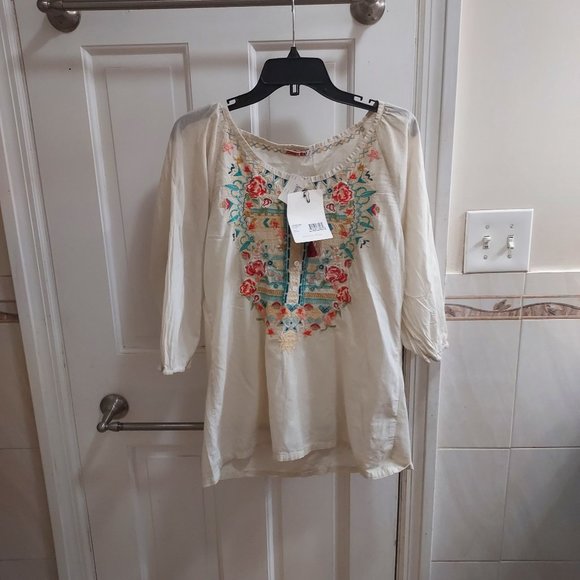 Johnny Was Embroidered Ivory Button Boho Top